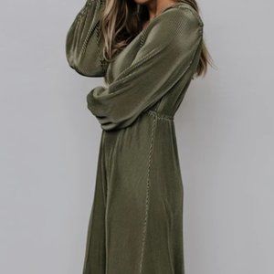 Pleated Metallic Maxi Dress in Olive Green